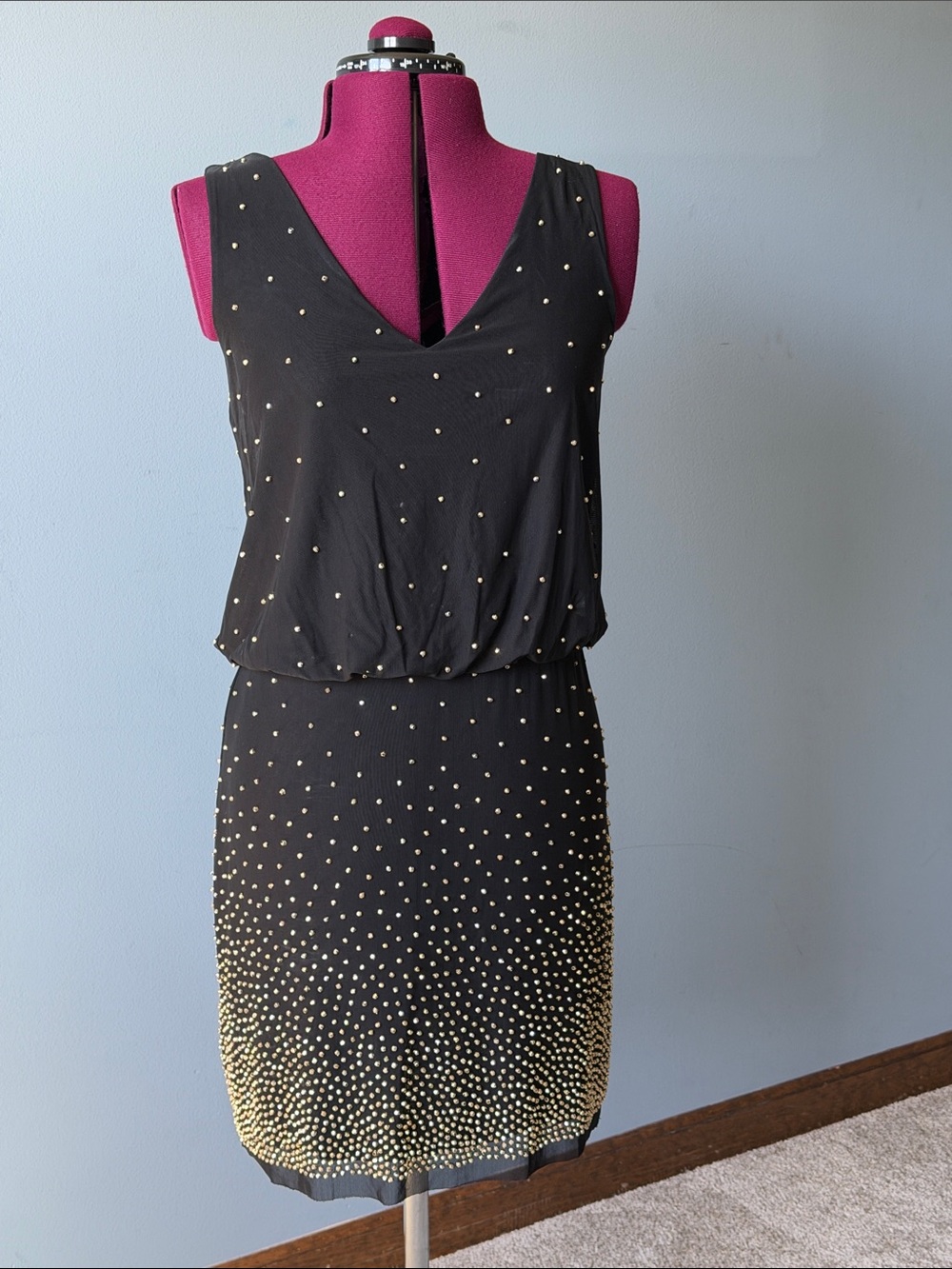 Xscape Black Mini Dress with Gold Dot Ombre Accents